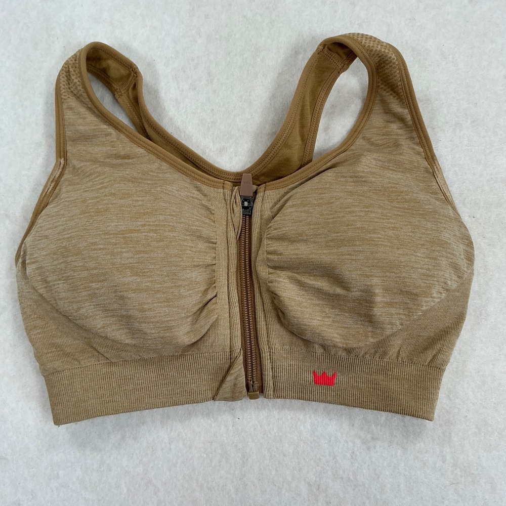 Shefit Womens Medium Tan Heathered Front Zip Sports Bra High Impact Racerback
